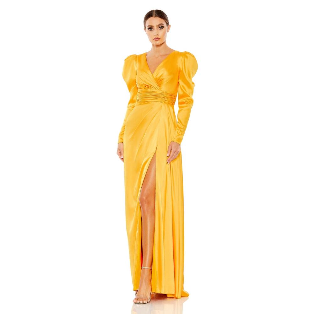 Mac Duggal 12404 FAUX WRAP  A LINE GOWN Formal Dress in Marigold size 14